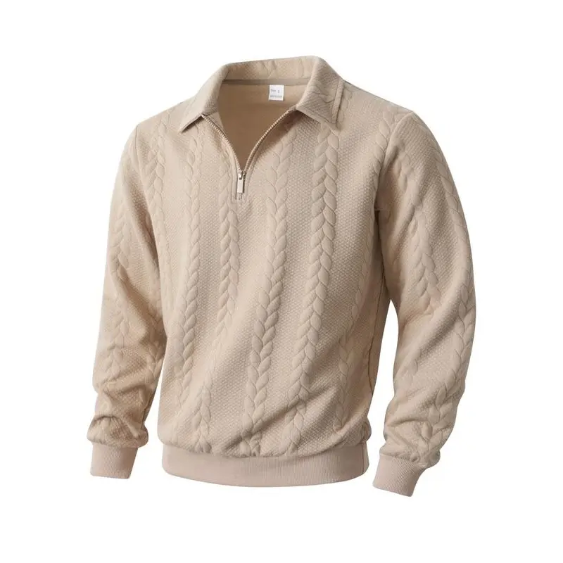 Men's Autumn Winter Cable Knit Longsleeve Polo Shirt - Vintage Ribbed Quarter-Zip High Collar Pullover, Menswear Tops for Everyday Wear, Casual Versatile Wardrobe Essential