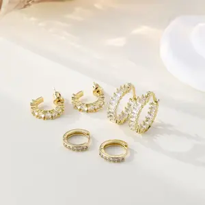 14K Gold-Plated Hoop Earring Set - 14K Gold/White Gold Plated Earrings, Square Cubic Zirconia Stud Earrings, Wide Opening Earrings