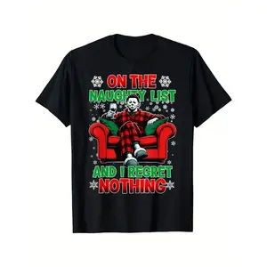 Men's Horror Christmas T-Shirt Funny Naughty List Saying with Red Armchair Design Heavyweight  Cotton Halloween Thanksgiving Xmas Party Outfit Adult Graphic Tee Gift for Men Women XXXL Black Shirt with Green & Red Text Machine Washa