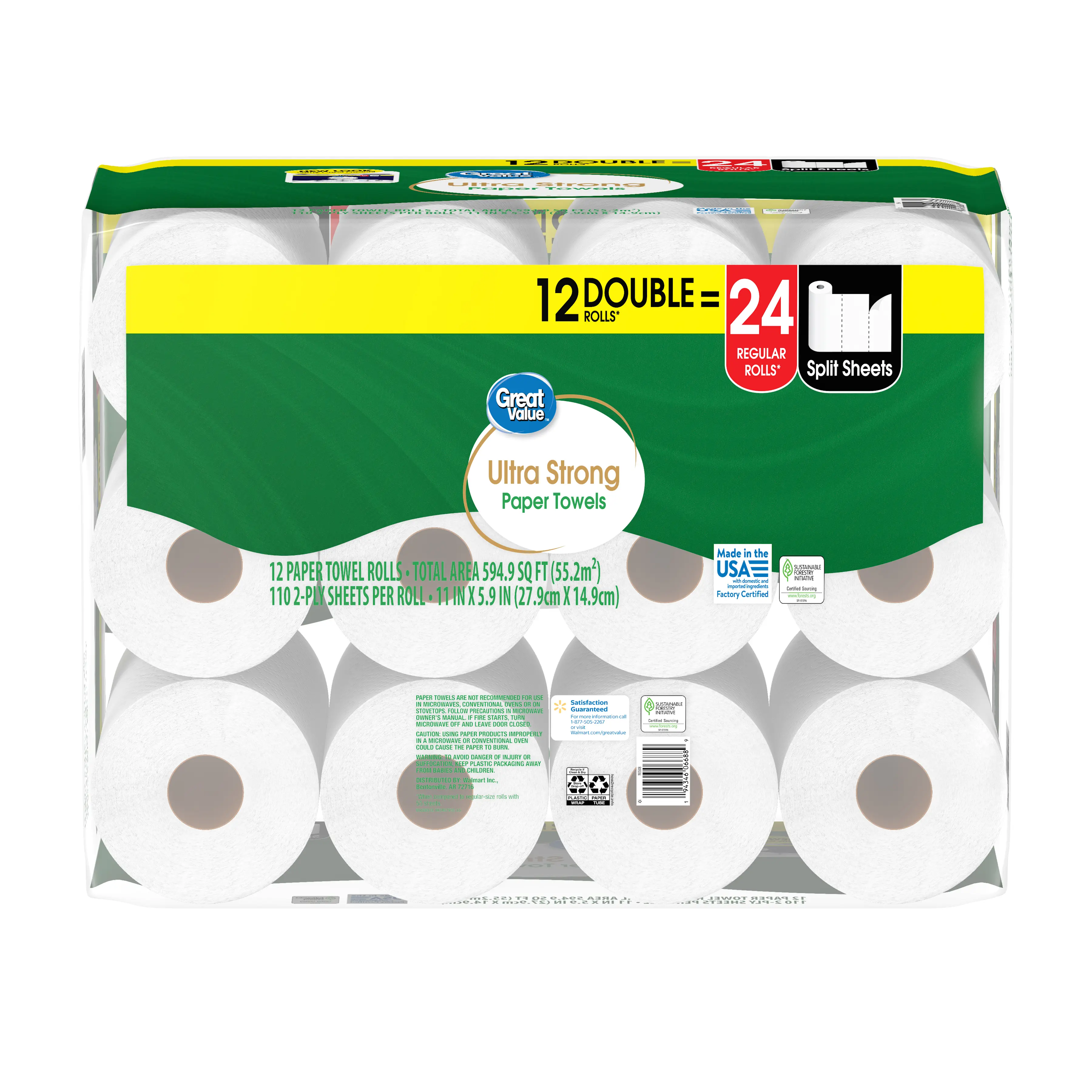 Great Value Ultra Strong Absorbent Paper Towels - 12 Double-Pack Household Disposable Cleaning Towels, 11x5.9 in Sheets for Kitchen Spills, White Eco-Friendly Household Items, Toilet Paper & Wipes, Household Items Disposable