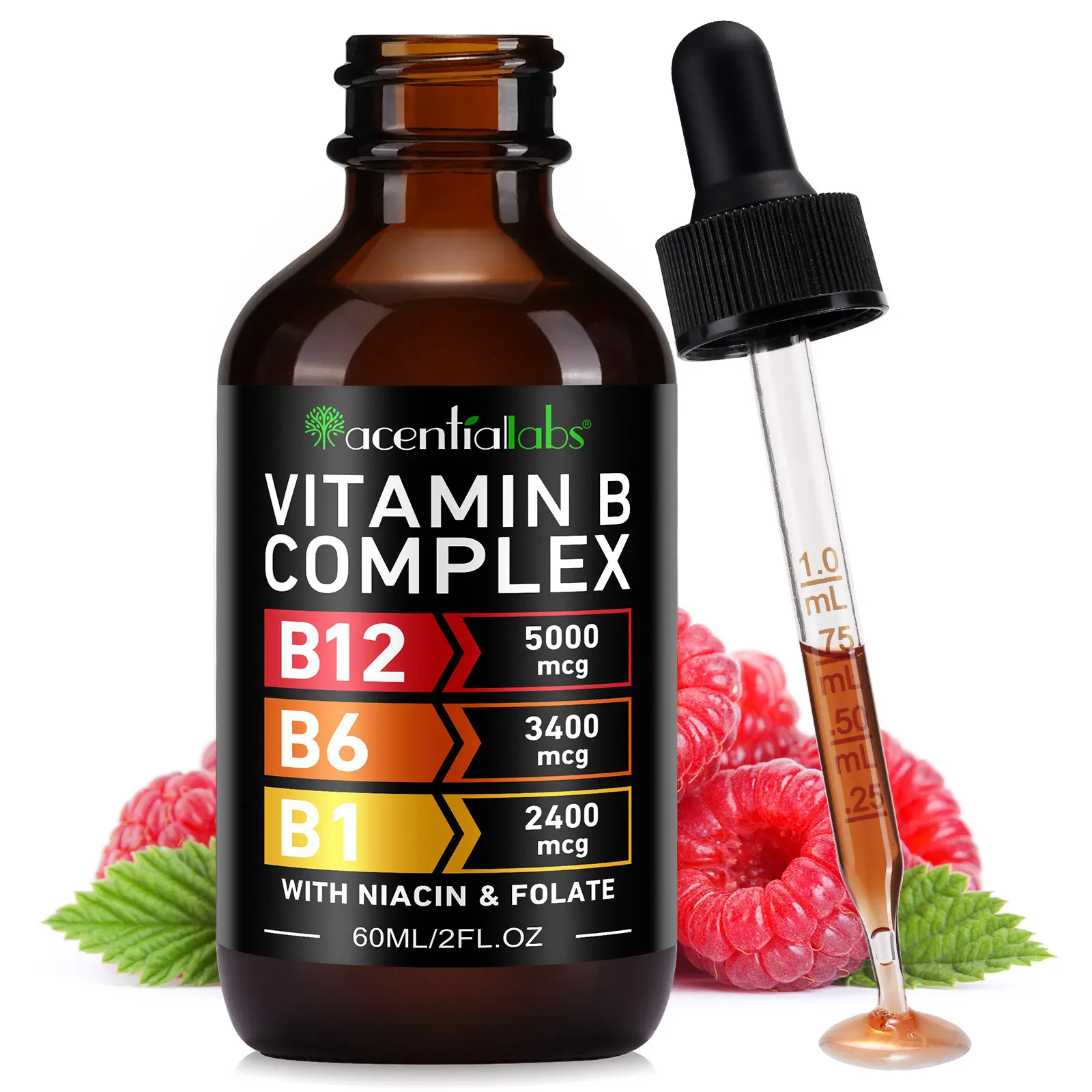 Acentiallabs Vitamin B Complex Liquid 5000 mcg B12 3400 mcg B6 2400 mcg B1 with Niacin & Folate for Healthy Metabolism 60ml Raspberry Flavor Brain Nutrition Supplement