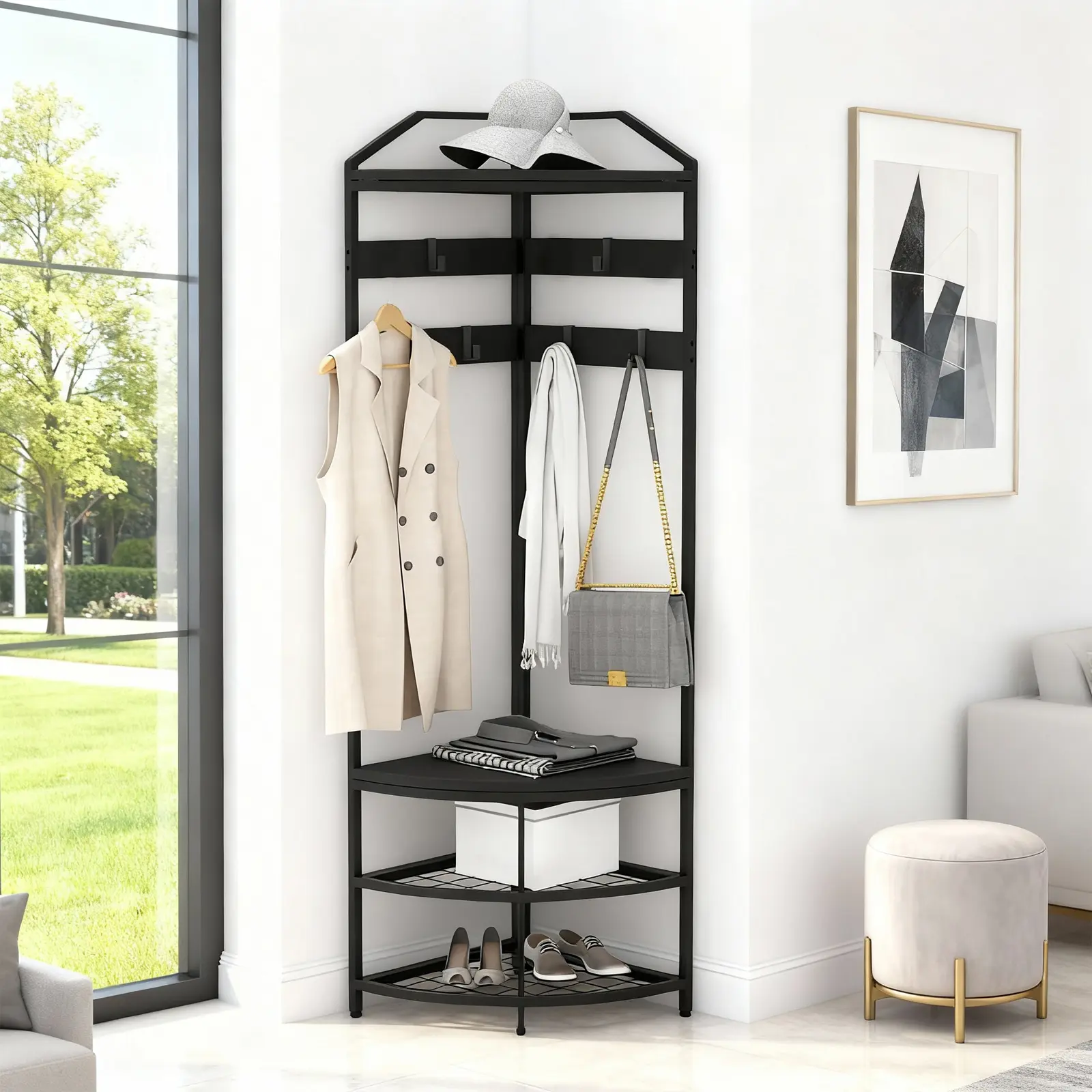 4-in-1 Corner Hall Tree Shoe Bench – Space-Saving Freestanding Entryway Organizer with 4 Storage Shelves & 6 Hooks – Multi-Function Practical Storage Rack for Bedroom or Home Office