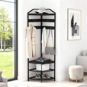 4-in-1 Corner Hall Tree Shoe Bench – Space-Saving Freestanding Entryway Organizer with 4 Storage Shelves & 6 Hooks – Multi-Function Practical Storage Rack for Bedroom or Home Office