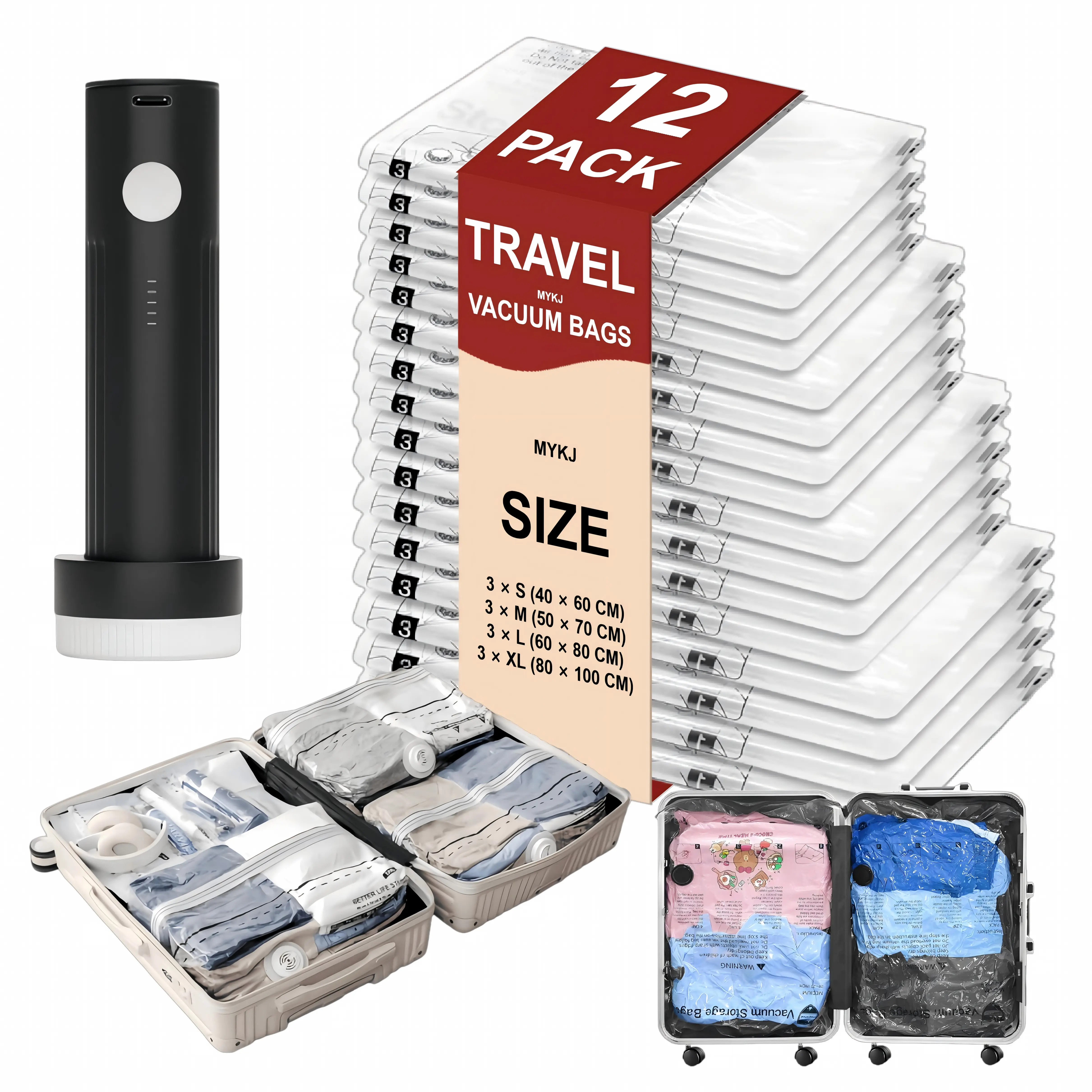 【DealsForYouDays】Cordless Travel Vacuum Storage Compression Bag Set – 12-Pack in 4 Sizes – USB Rechargeable Handheld Pump with Built-In Battery – Waterproof & Reusable Space Saver for Clothes & Packing, Perfect for Carry-On Suitcases