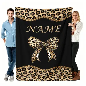 Personalized Custom Name Leopard Print Bow Floral Vintage Flannel Blanket - Soft And Comfortable Material, Digital Printing, Suitable For All Seasons, Nap, Camping, Travel - Machine Washable Gift For Relatives And Friends(Message Remarks),summervibes
