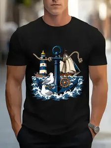 Men's 100% Cotton Nautical T-Shirt with Anchor Seagull & Lighthouse Print - Lightweight Breathable Short Sleeve Round Neck Tee for Beach Boating Casual Wear - Maritime Design Summer Outfits (Regular Fit All-Season)