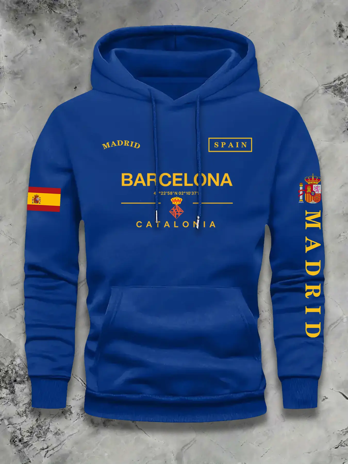 Barcelona Theme Hoodie Sweatshirt, Casual Streetwear Sweatshirt, Geometric Pattern, Loose Fit Daily Wear, Trendy Casual Iberian Style, All Seasons Fashion, Tops