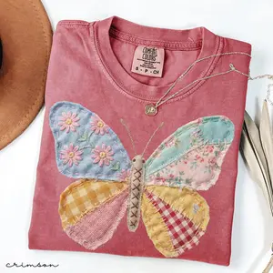 Comfort Colors Faux Patchwork Butterfly Shirt, Spring Butterfly Shirts, Easter Shirts for Women, Floral Spring Patchwork, Gifts for Her