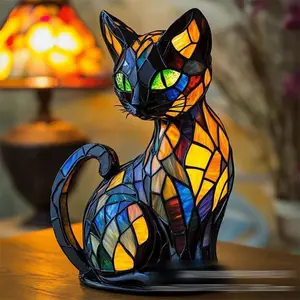 Cute Cat Pet LED Lamp Retro Cat Dyed Resin Desktop Night Light Colored Glass Animal Lovers Gift Stain Resistant Heat Resistant