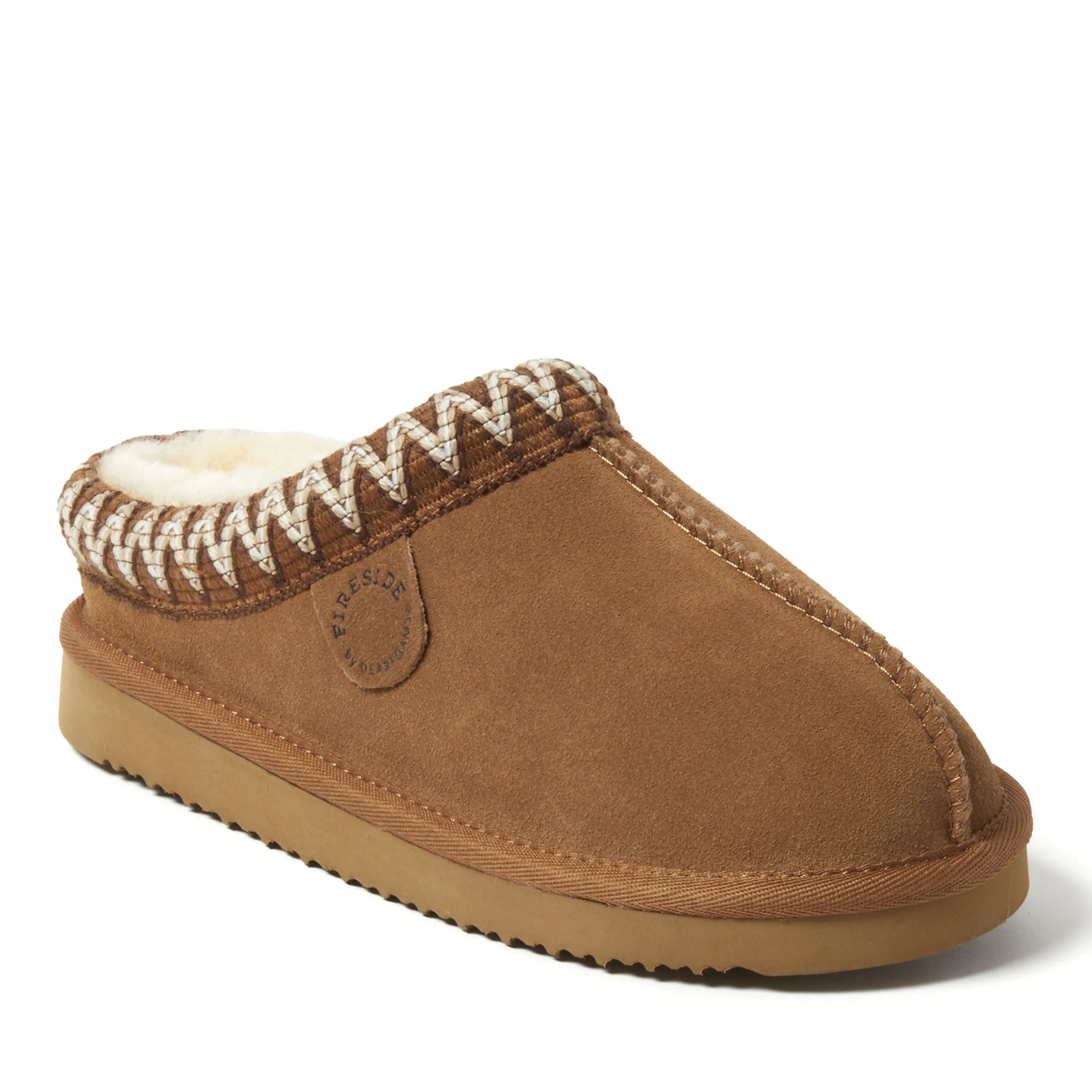 Women's Fireside by Dearfoams Greta Genuine Shearling Clog Slipper - Embroidered, Casual Slide Shoe, Suede Footwear