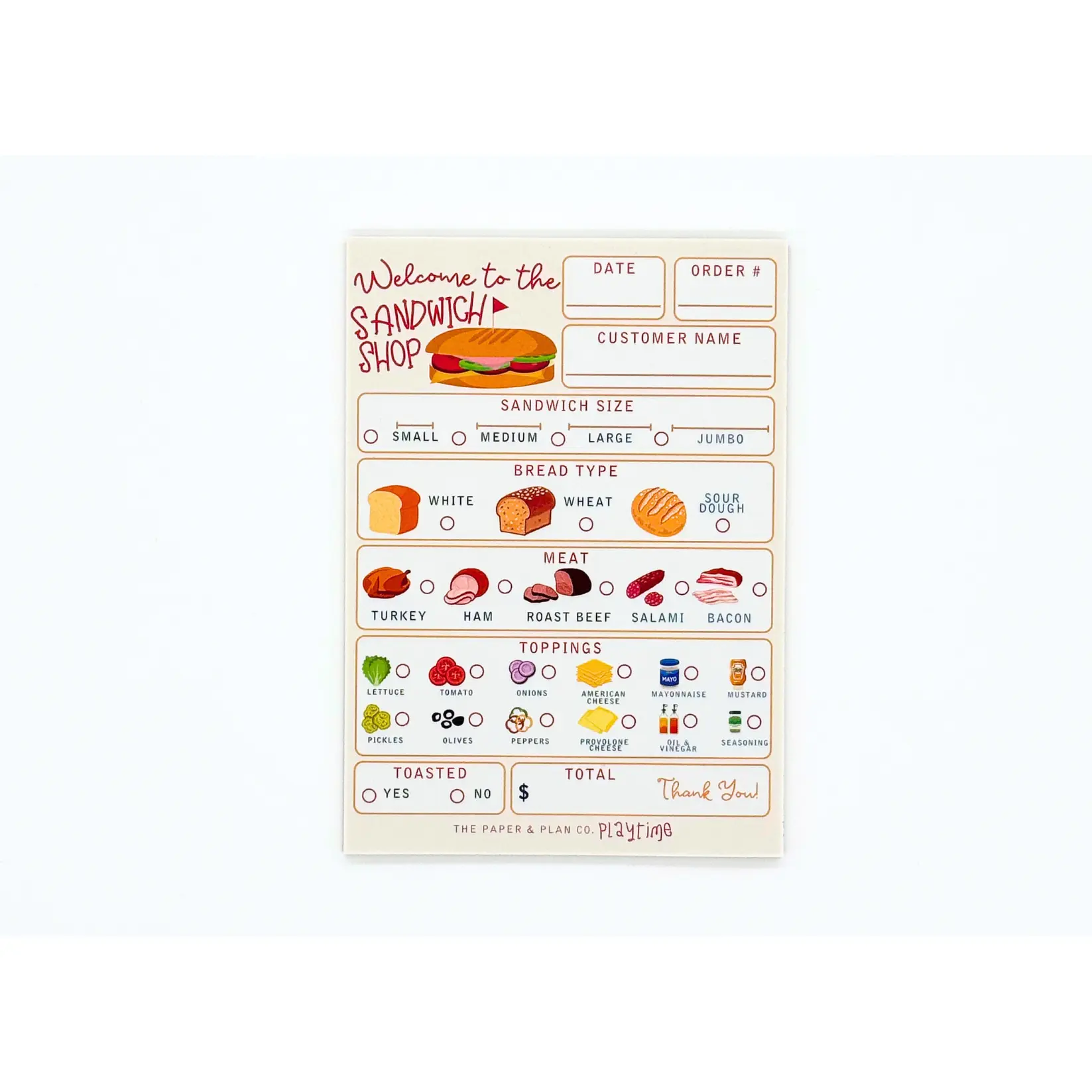 Sandwich Shop Playtime Pad for Pretend Play - 5"x7" 50 Sheets Notepad for Kids Made in USA