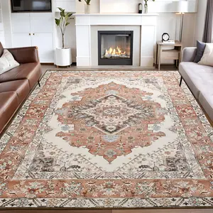 5x8 Feet Orange Grey Area Rug for Living Room, Machine Washable Rugs with Non-Slip Backing for Bedroom, Vintage Medallion Carpet Kitchen Laundry Kids Room Decor