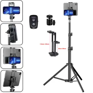 Height-Adjustable 66.9in Mobile Device Floor Stand Tripod with Folding Wireless Remote Control Adjustable Mount Bracket Universal Holder for 7-11in iOS & Android Phones Ideal for Music Streaming Recording