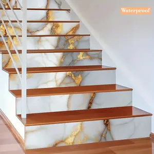 13pcs Peel and Stick Vinyl Floor, stair, wall, Bathroom Tiles - Self-Adhesive Non-Slip Flooring and Wallpaper-like Decals with Elegant White & Golden Marble Veining, High Quality PVC Stickers for Kitchen, Bathroom, Living Room - Easy DIY Home De