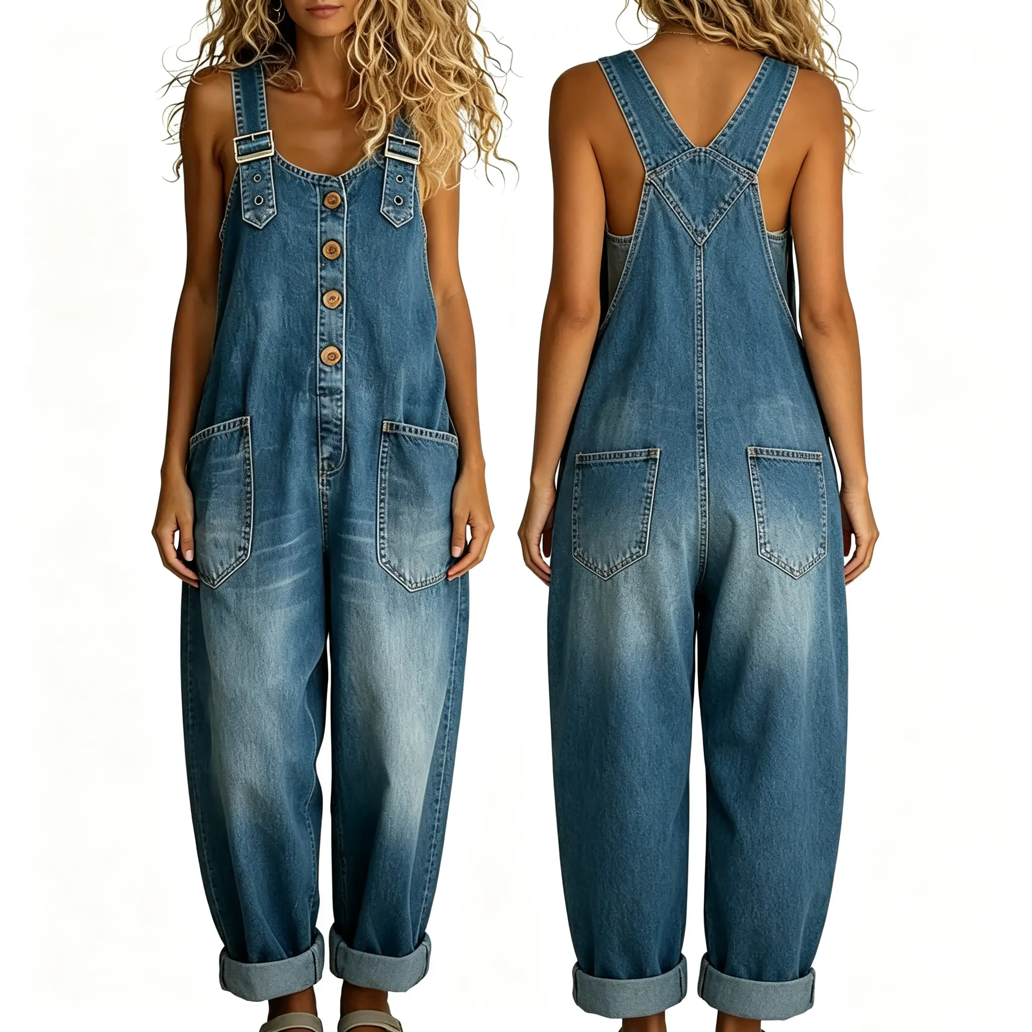 Women's Vintage Washed Denim Overalls, Adjustable Buckle Strap Loose‑Fit Casual Jumpsuit, Button Front Wide Leg Long Bib Overalls for Ladies