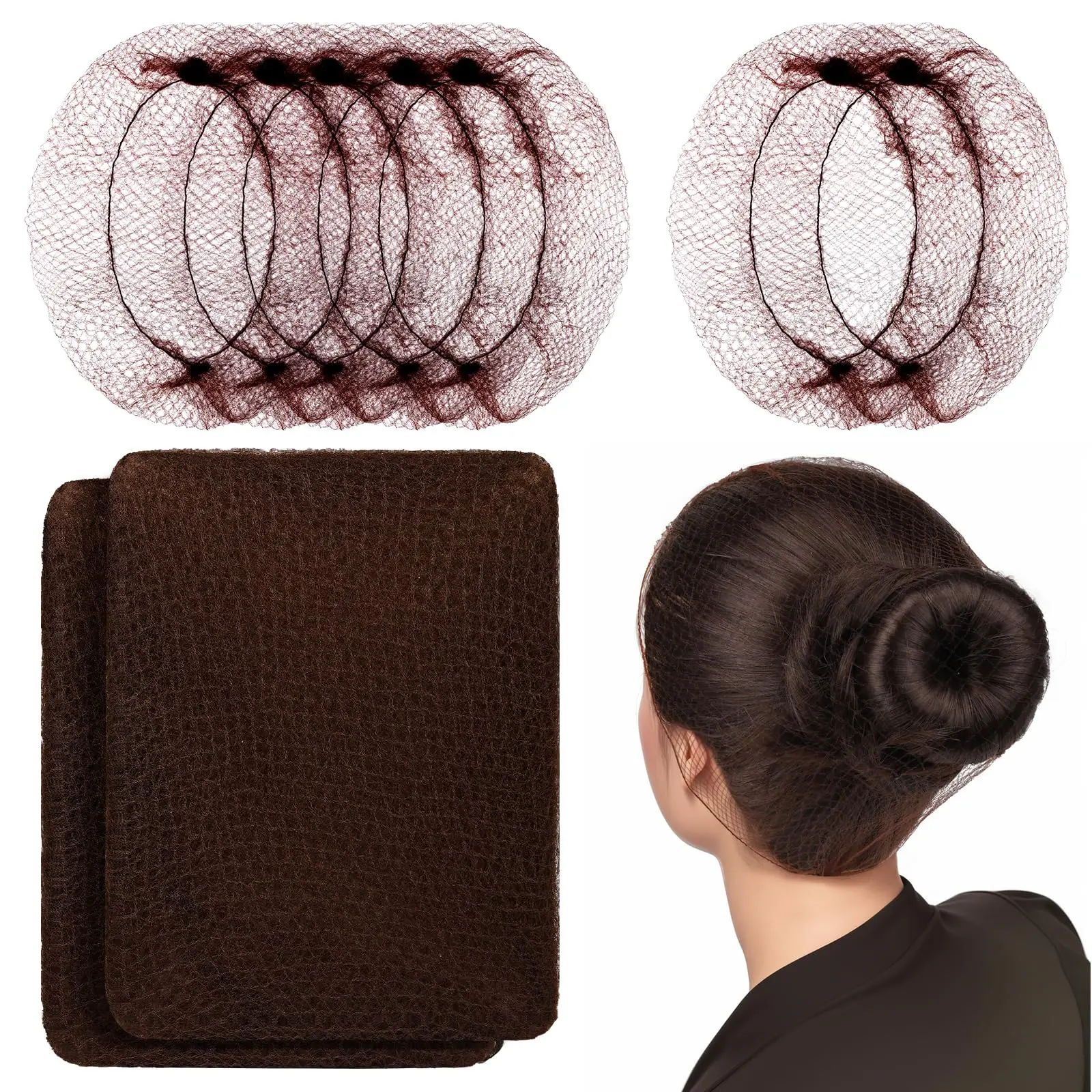 Invisible Lightweight Brown Hair Nets (60 Pcs, 24 in), Stretchable Mesh Hairnets with Elastic Band, Comfortable Breathable for Food Service Kitchen Use