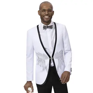 Celaeno Collection: White Collarless Tuxedo Jacket Modern Fit with Black Trim and Diamond Wing Studs