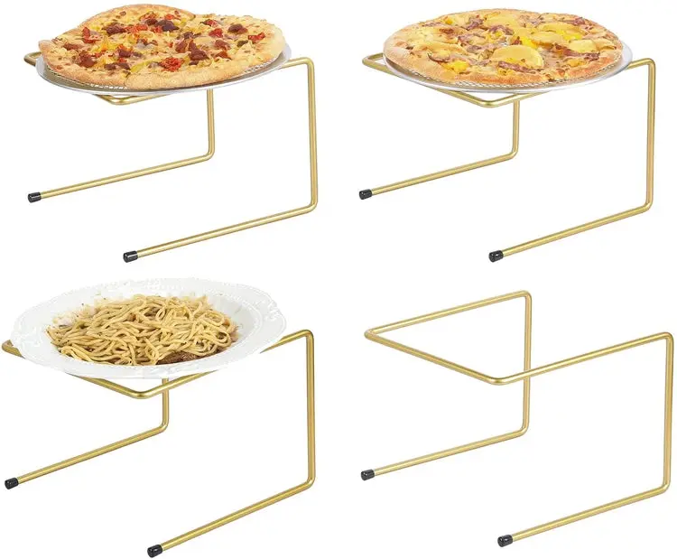 Brass Metal Pizza Table Stands, Tabletop Pizza Pan Riser Food Platter Tray and Display Rack, Set of 4
