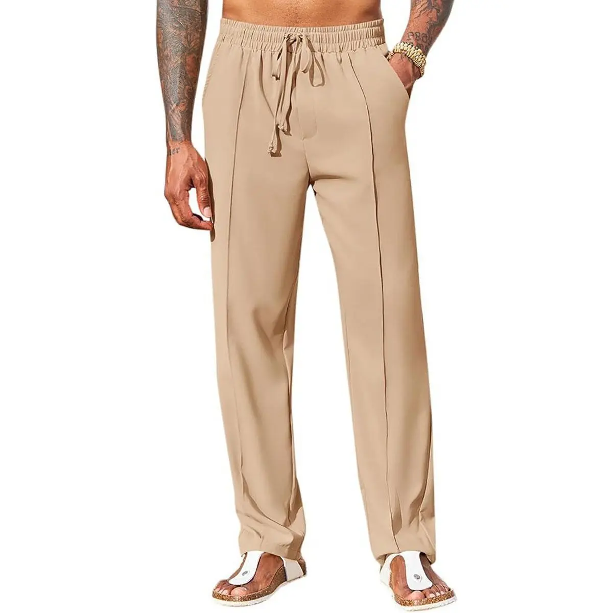 Men's All-Season Cotton Linen Trousers, Casual Loose Straight Fit Hippie Pants with a Pleated Front and Elastic Drawstring Waist, Suit, Fabric, Plain, Loose Fitting Trousers, All Season Trousers