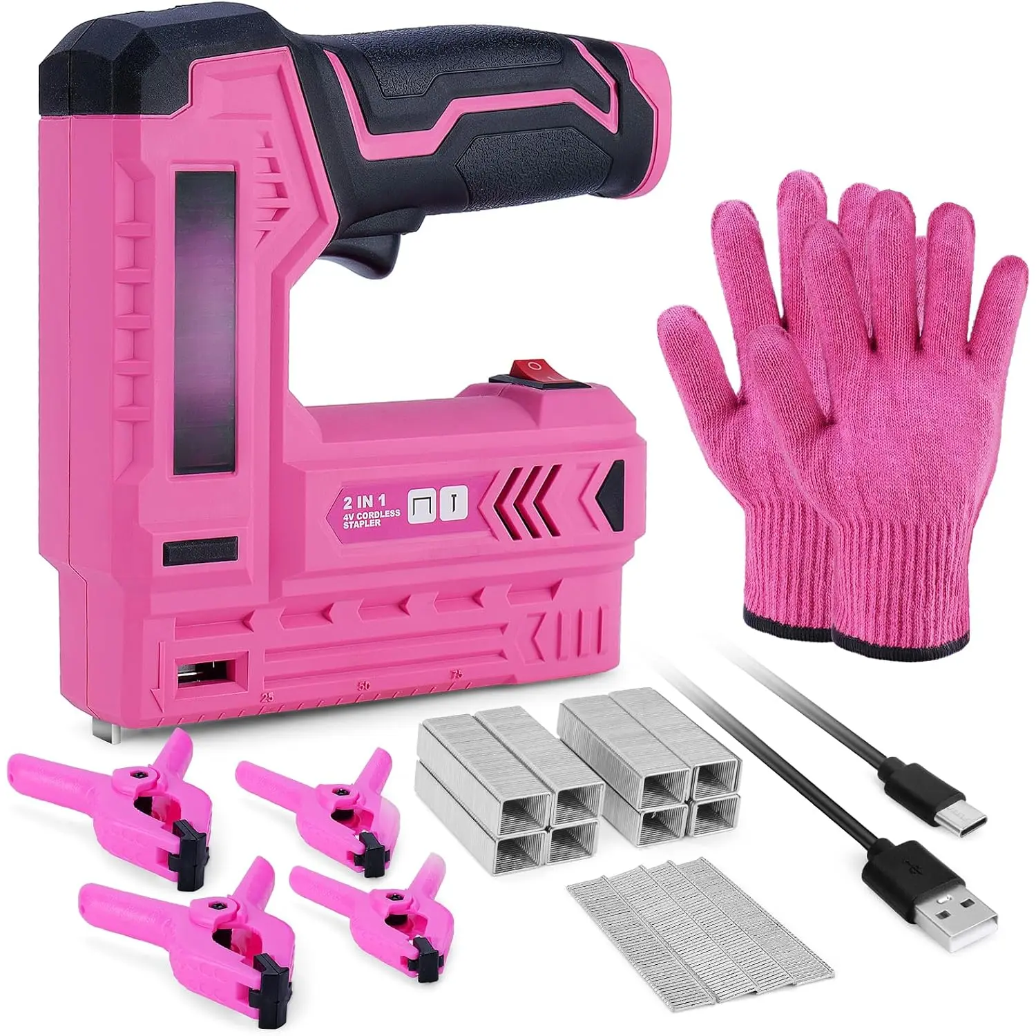 Pink Electric Staple  - 2 in 1     with 1000 count Staples and Nails, 4V Cordless Upholstery Staple  for Wood, Brad Nailer with USB Charger for Carpentry, Crafts, DIY