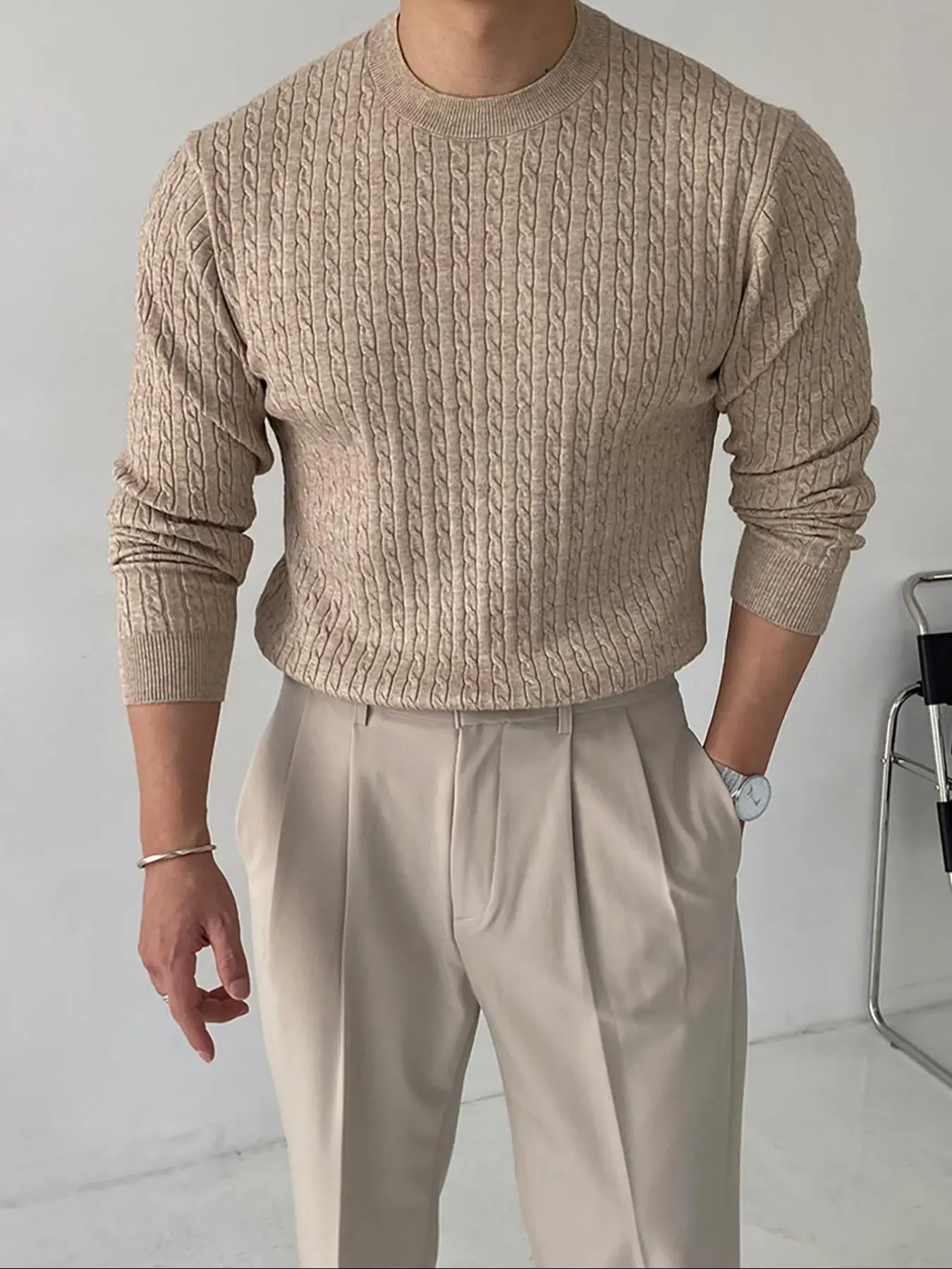 Men's Solid Textured Round Neck Knit Top, Regular Fit Casual Long Sleeve Crew Neck Cable Knit Jumper for Fall & Winter, Fashion Men's Knitwear for Dai
