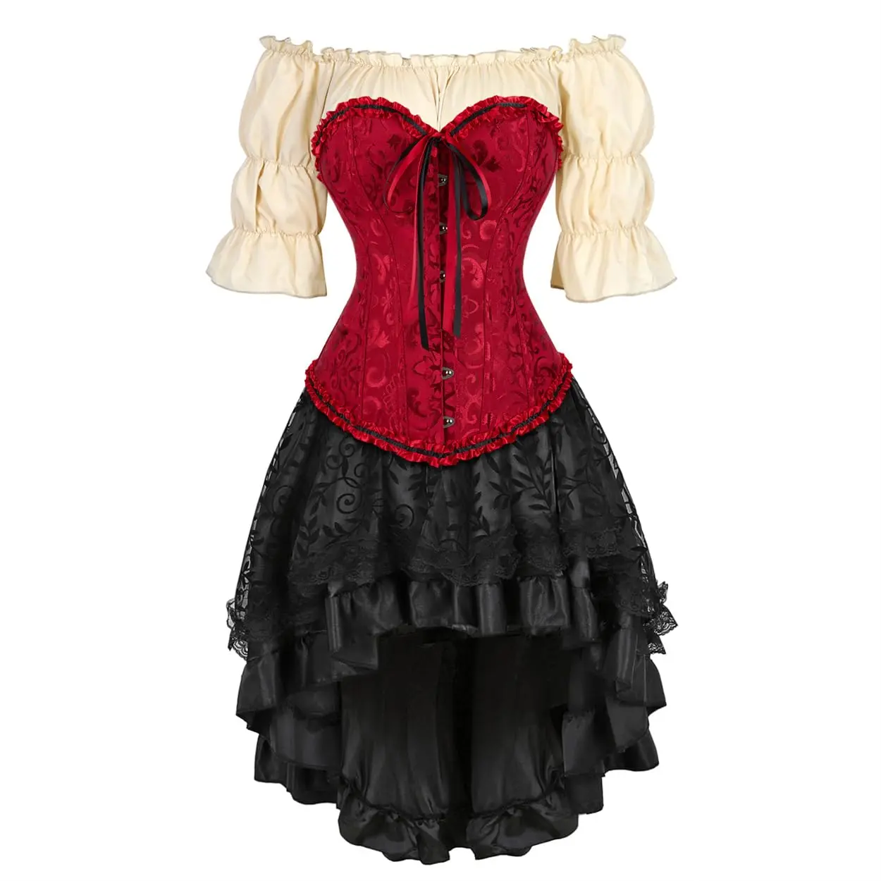 3PC Corset Dress Skirt Blouse Corset Outfit PARLSDY Women Gothic Steampunk Pirate Plus Size Blouse Skirt Set Perfect for Halloween Gothic Party 819/6505/7056-ZC1