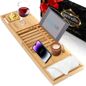 SereneLife Bamboo Bathtub Caddy with Luxury Gift Box and Red Gifting Ribbon Extendable & Adjustable Tray with Device/Book Holder with Removable Trays for Bath Accessories (Natural) Bathroom Shower Set Bathroom Shower Equipment