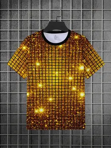 Shimmering Gold Plaid T-Shirt, Fashion Trendy Short Sleeve Men's Clothing, Nightclub Party Essential, Celebrity Design, High-Quality Versatile Top