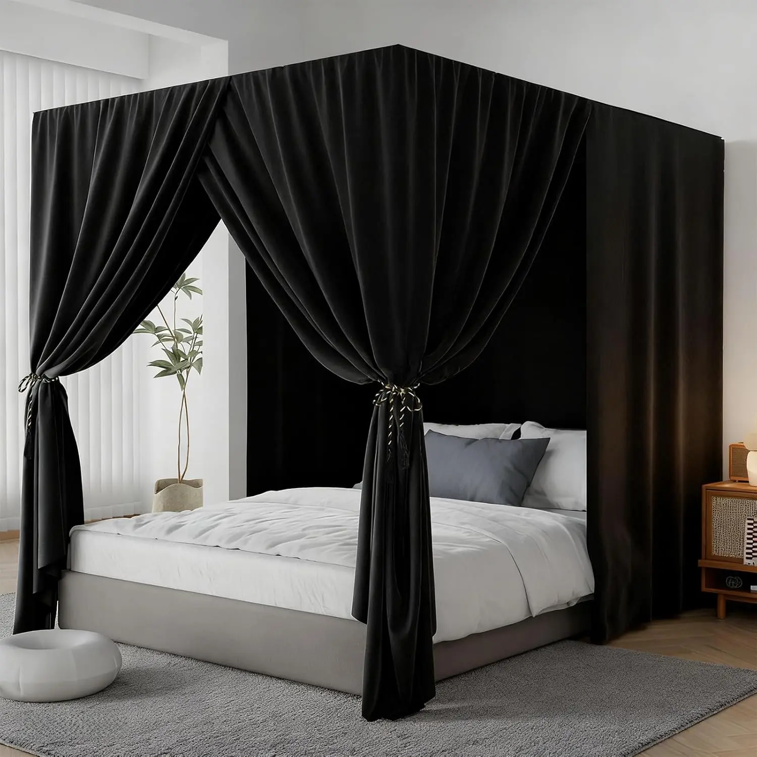 4 Corner Post Bed Curtains Queen Lightproof Siamesed Drapes Bed Canopy for Adults & Girls Bedroom Decoration(Black,Queen)