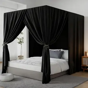 4 Corner Post Bed Curtains Queen Lightproof Siamesed Drapes Bed Canopy for Adults & Girls Bedroom Decoration(Black,Queen)