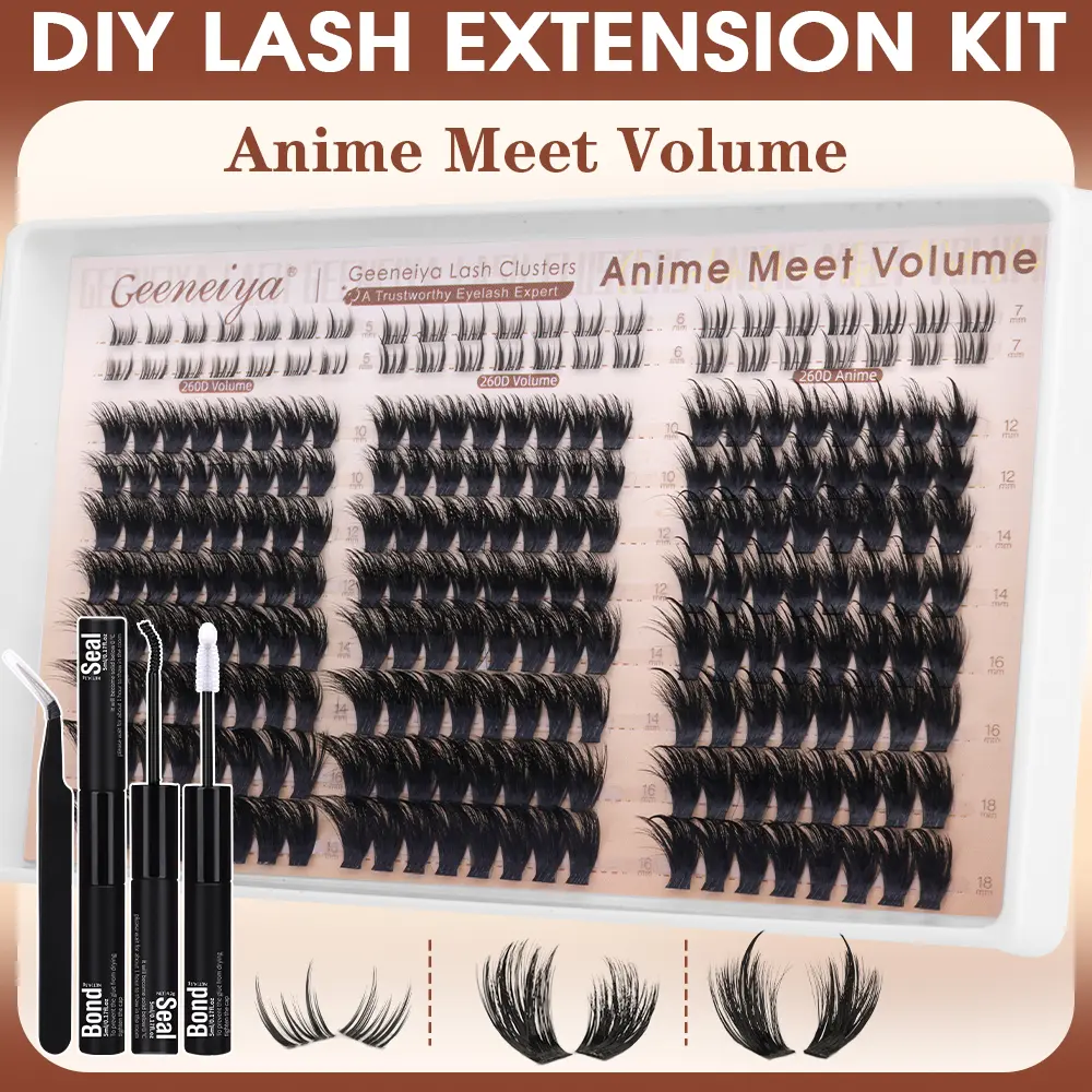 Geeneiya Anime Meet Volume Lash Clusters Kit with Bottom Lashes |Volume Lashes |Spiky Lashes | with Waterproof Lash Bond and Seal, Tweezers,DIY Lash Clusters Kit D Curvature DealsForYouDays