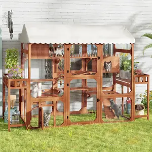 Large Outdoor Wooden Catio with 2 Plant Stands, Multi-Level Cat Enclosure Playpen with Weather-Resistant Roof, Resting Box & Climbing Ramps for Backyard Patio