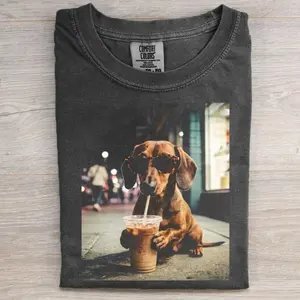 Funny Dachshund Drinking Iced Coffee Comfort Colors T-shirt, Vintage 90s Edgy Dog Meme Tee, Unisex Fit Design, Casual Streetwear, Gift for Dog Lovers