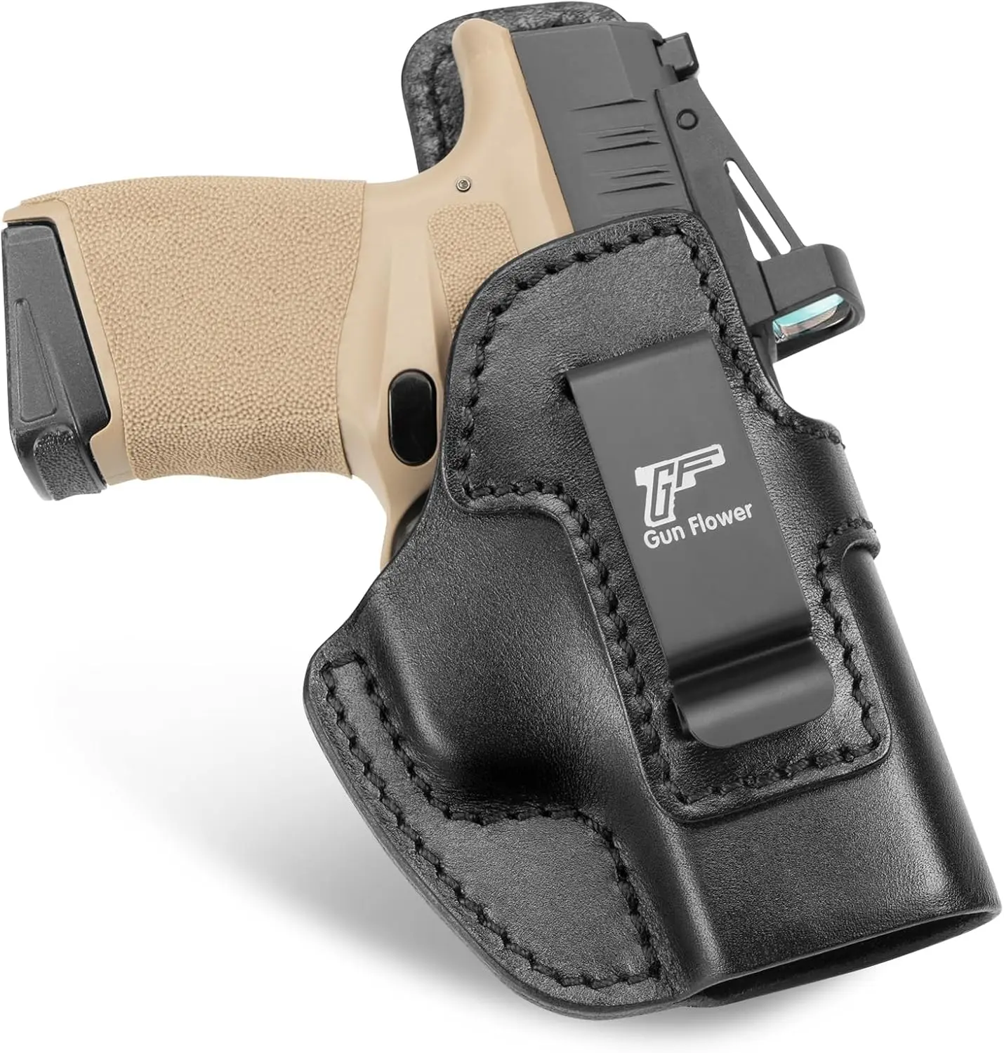 GUN & FLOWER IWB Full Grain Leather Concealed Holster - Optic Cut, Red Dot Compatible, RH, IWB Slim, Belt Clip - Fits Ruger MAX-9, PSA Dagger Micro, Hellcat Series - Adult Hunting Gear, 12 Months Support, Red Dot Optics