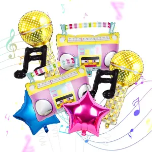 8pcs/set Disco Music Party Balloon , Neon Color Balloons & Radio Microphone, Retro Theme Decor for 80s 90s Parties, K-Pop Birthday, Karaoke Graduation