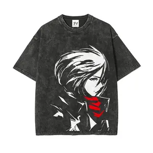 Menswear Oversized Attack on Titan T-Shirt - Mikasa Ackerman Red Scarf Sketch, Vintage Anime Graphic, Soft Round Neck Shortsleeve, Acid Wash Streetwear, Heavyweight Cotton Harajuku Unisex Boyfriend Style Top, Anime Merchandise, Alternative, Sweatshirt