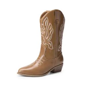DREAM PAIRS Women's Cowboy Boots Mid Calf Cowgirl Boots Embroidery Stitched Western Boots