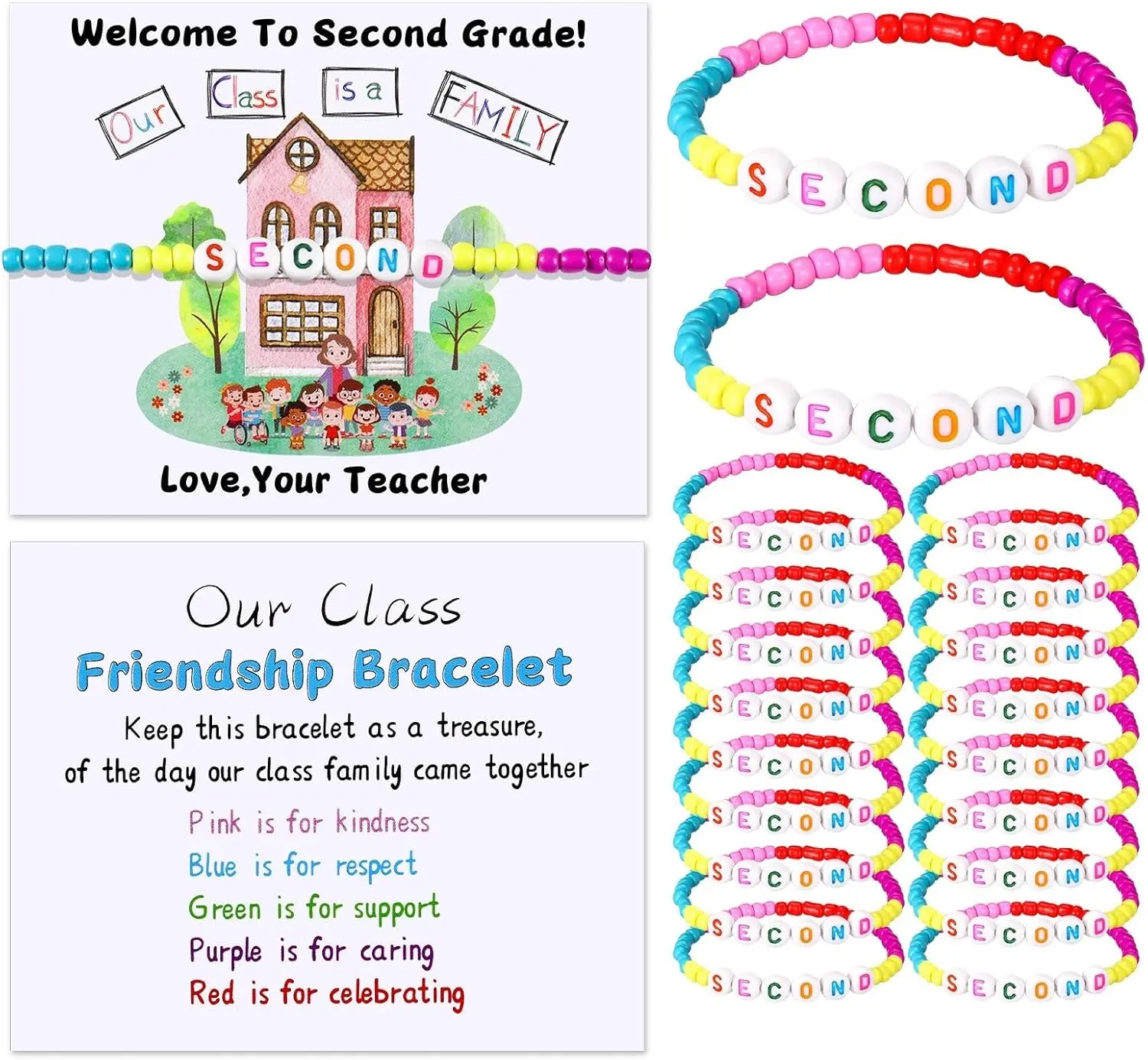XunYee 25 Sets Back to School Gifts for Student Include Our Class Is a Family Greeting Card and First Day of School Bracelet with Bags Letter Bracelet for 1st Day of Classroom (Second Grade)