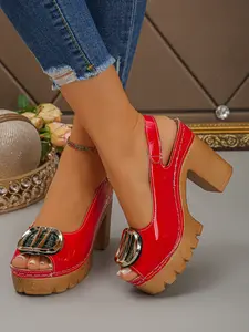 Summer high-heeled fashionable women's sandals, PU glossy Velcro design, open toed breathable adjustable strap sandals, lightweight and comfortable daily shoes