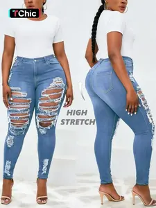 Spring Summer Plus Size High Waist Ripped Jeans, Street Style Skinny Denim Jeans, Trendy Elastic Ripped Jeans, Casual Fashion