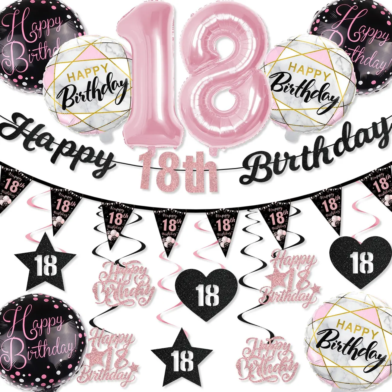 18th Birthday Decorations Set, & Glitter Banner, 18 Number Foil Balloons, Hanging Swirls & Pennant Bunting, Party Banners, Girl's Party Supplies, Festive Celebrations
