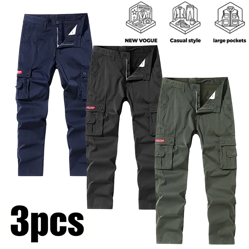 Men's 3-Pack Cargo Pants Set - Plain Menswear, Loose Relaxed Fit, Large Utility Pockets, Comfortable Breathable Durable, Zipper Closure, Ideal for Day Work Outdoor Wear, Military Streetwear Fashion, Polyester