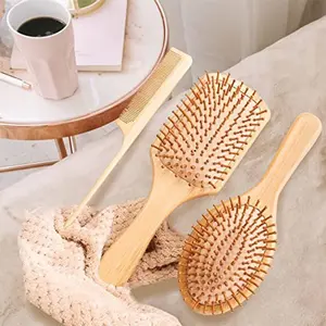 3pcs Bamboo Hair Brush Set for Women, Natural Wood Brushes for All Hair Types, Comb Shape Detangling Brush for Easy Styling