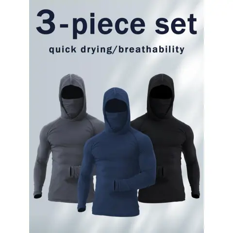 SIPERLARI Men's 3-Piece Solid Polyester Blend Fitted Sweatsuit - High-Stretch Skinny-Cut Fitness Athletic Streetwear, Quick-Dry Sunscreen UV-Protection Mask, Gym Athletic Clothes for Gym Daily Wear (Do Not Dry Clean)