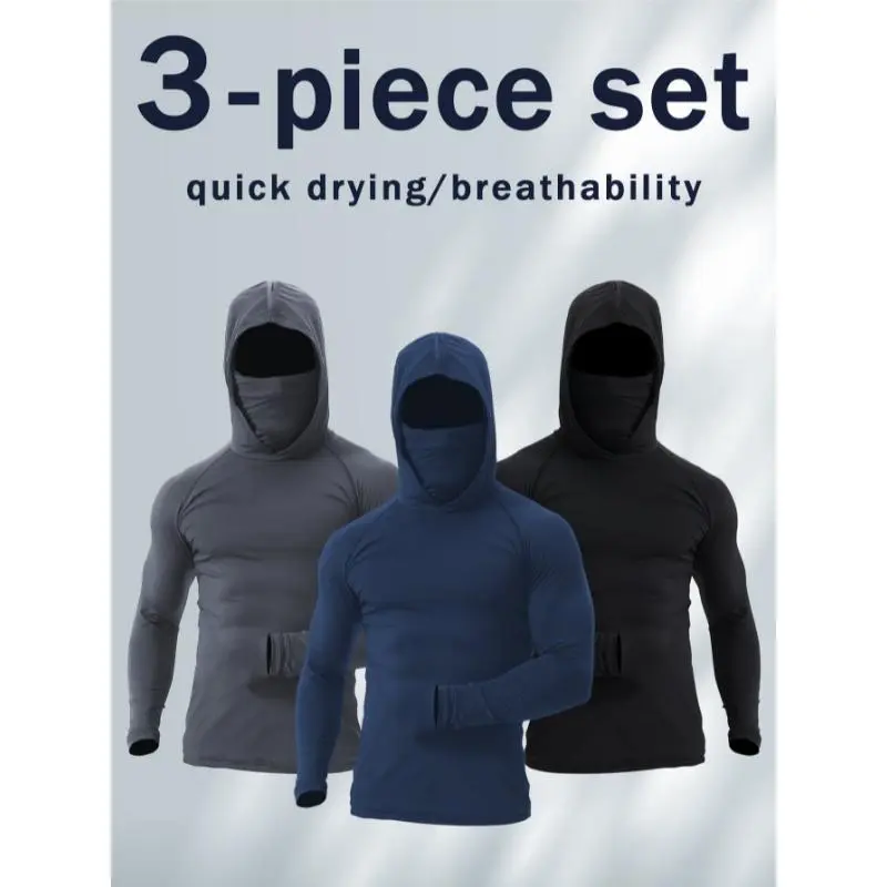 SIPERLARI Men's 3-Piece Solid Color Hoodie Set, High Stretch Athletic Fashion Techwear with Quick-Drying Sunscreen Mask, Hoodies, Uv Protection, Quick-Dry Knit Dry Fit Tech Athleisure Fitness Clothes