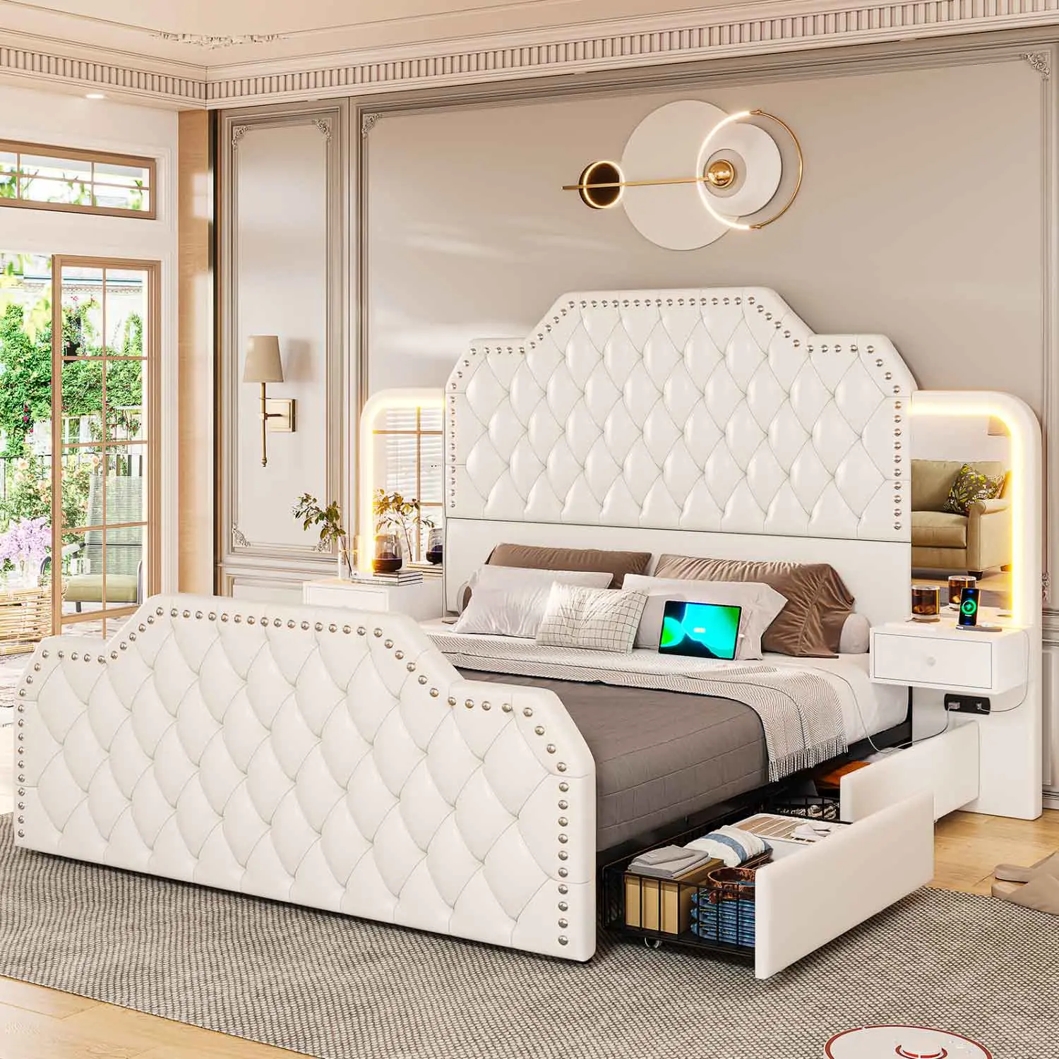SIKAIC Queen Size Modern PU Leather LED Bed Frame with 2 Nightstands, Mirrors, Storage Drawers, Charging Station - 29 Flash Modes, Easy Phone Charging Upholstered Platform Bed, Modern Bed Frame