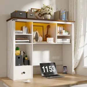 【LaborDaySale】Raybee Furniture 37.4" W Desk Shelf with LED Lights, 8-Shelf &1 Drawer for Computer Desk, Adjustable Wood Design & Hutch Organizer
