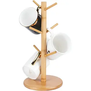 Bamboo Mug Holder Tree (Thicker Base) - Multi-Functional Countertop 6-Hook Stand: Cup Organizer for Kitchen/Coffee Bar, Jewelry & Accessory Holder for Vanity, Coffee Bar Storage, Display Stand