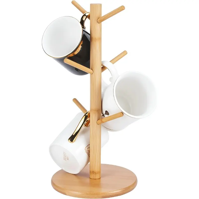 Bamboo Mug Holder Tree (Thicker Base) - Multi-Functional Countertop 6-Hook Stand: Cup Storage Organizer for Kitchen/Coffee Bar, Jewelry & Accessory Holder for Vanity.