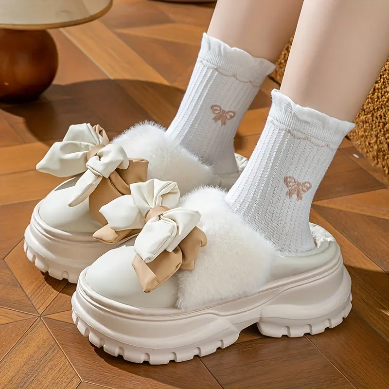 Honey Girl Style Flannel Slippers - Winter Thick-Soled Slip-on Shoes with Bow Detail, Cozy Fur-Lined Interior, Durable EVA Sole, Hand Washable - Cixi Area Fashionable Indoor Warmth
